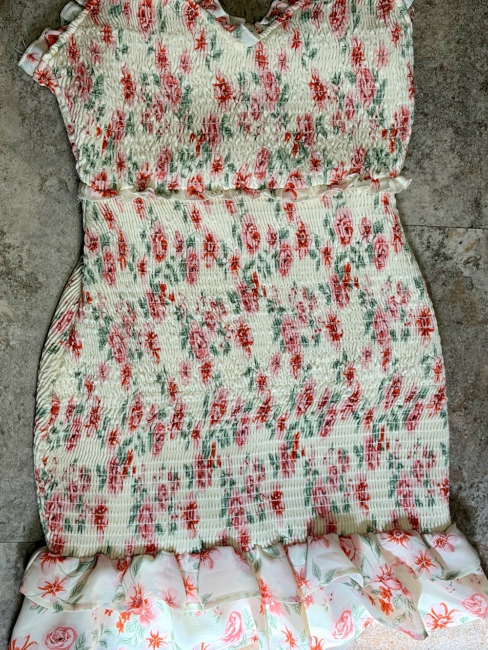 Floral Smocked Mini Dress - Cream with Coral & Green